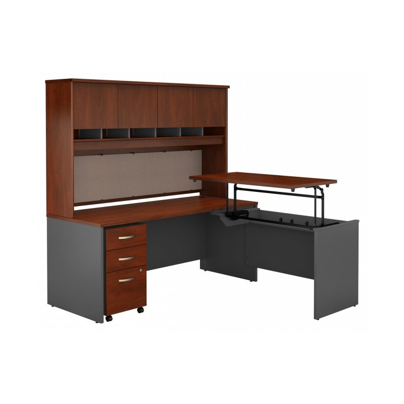72" x 72" Cherry/Gray L-Shaped Desk with Hutch and Sit/Stand Return - Image 2