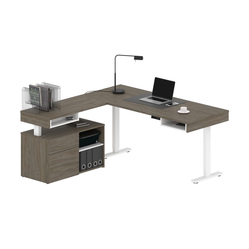 72" L-Shaped Adjustable Ergonomic Desk with Small Credenza in Walnut Gray - Image 3