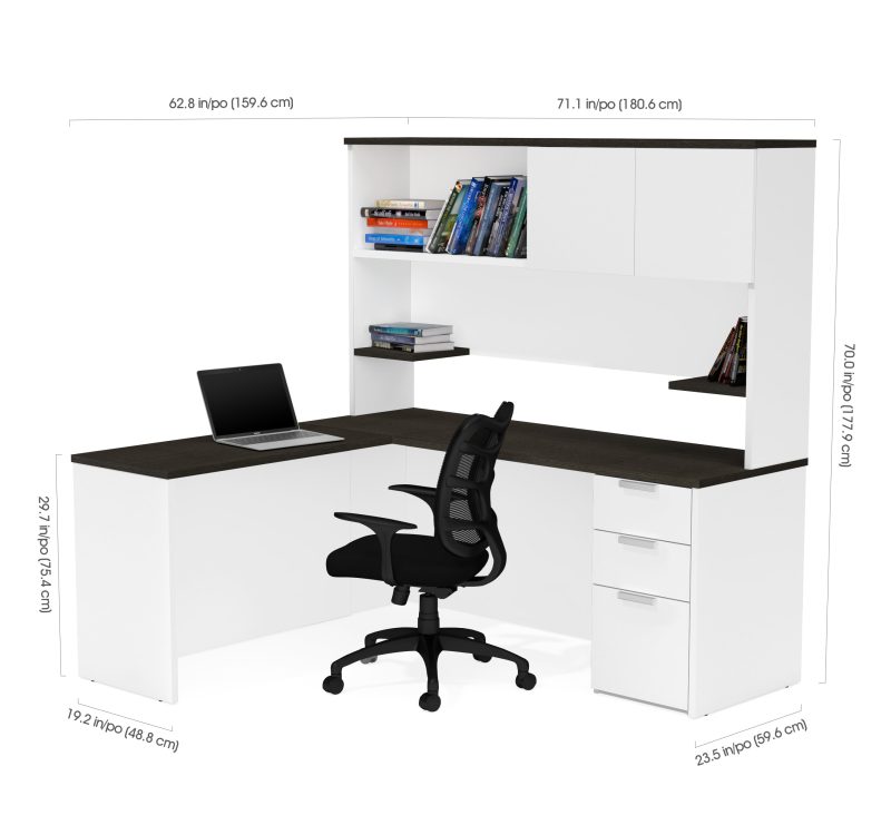 White & Deep Gray L-shaped Desk with Hutch - Image 3