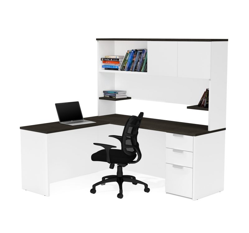 White & Deep Gray L-shaped Desk with Hutch - Image 2