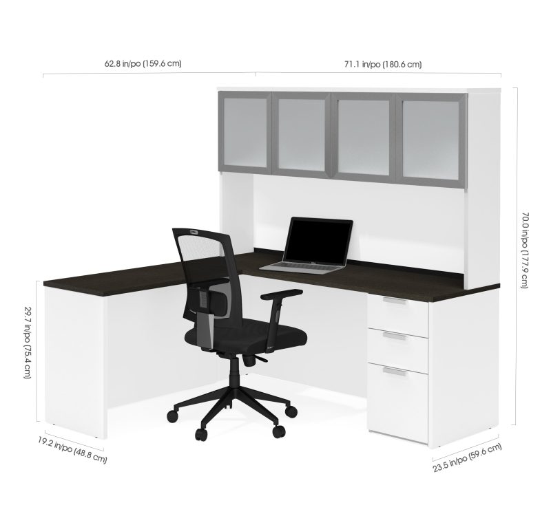 White & Deep Gray Modern L-shaped Desk & Hutch with Glass Doors - Image 3