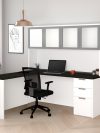 White & Deep Gray Modern L-shaped Desk & Hutch with Glass Doors