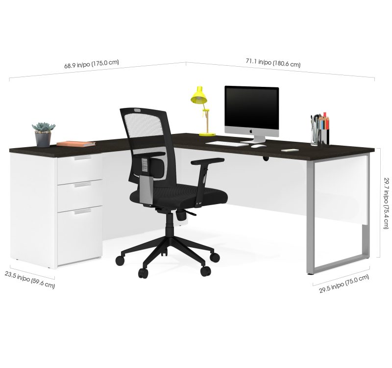 71" x 69" Single Pedestal L-shaped Desk in White & Deep Gray - Image 3