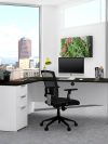71" x 69" Single Pedestal L-shaped Desk in White & Deep Gray