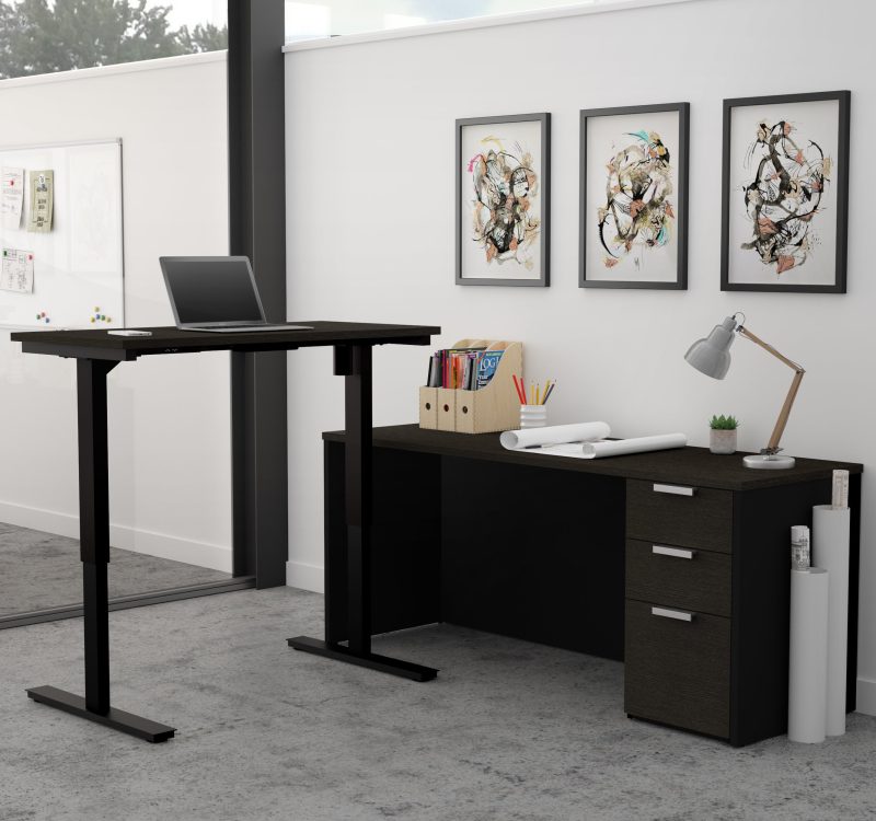 Deep Gray & Black Single Pedestal Desk with Height Adjustable Side