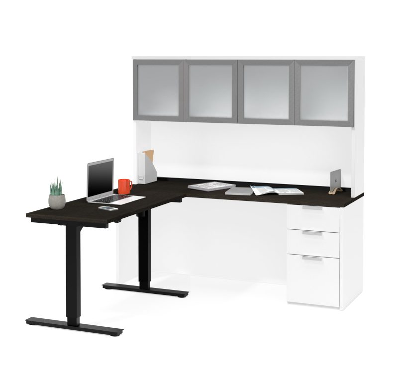 71" Height-Adjustable L-shaped Desk & Hutch in Deep Gray & White with Glass Doors - Image 3