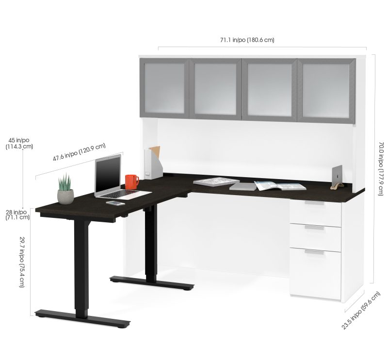 71" Height-Adjustable L-shaped Desk & Hutch in Deep Gray & White with Glass Doors - Image 4