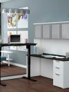 71" Height-Adjustable L-shaped Desk & Hutch in Deep Gray & White with Glass Doors