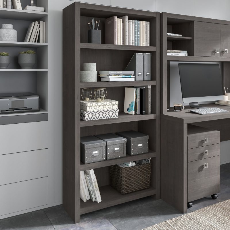 72" Modern L-Shaped Bow-Front Office Desk in Charcoal Maple - Image 5