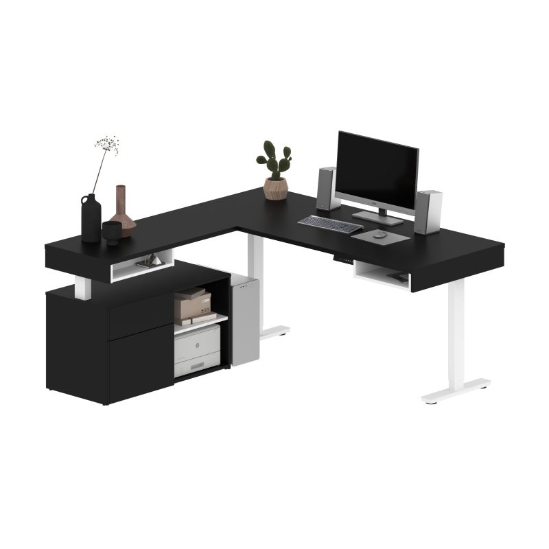 72" L-Shaped Adjustable Ergonomic Desk with Small Credenza in Black & White - Image 2