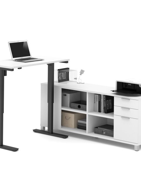 Modern Height Adjustable Sit-Stand Desk with Credenza in White