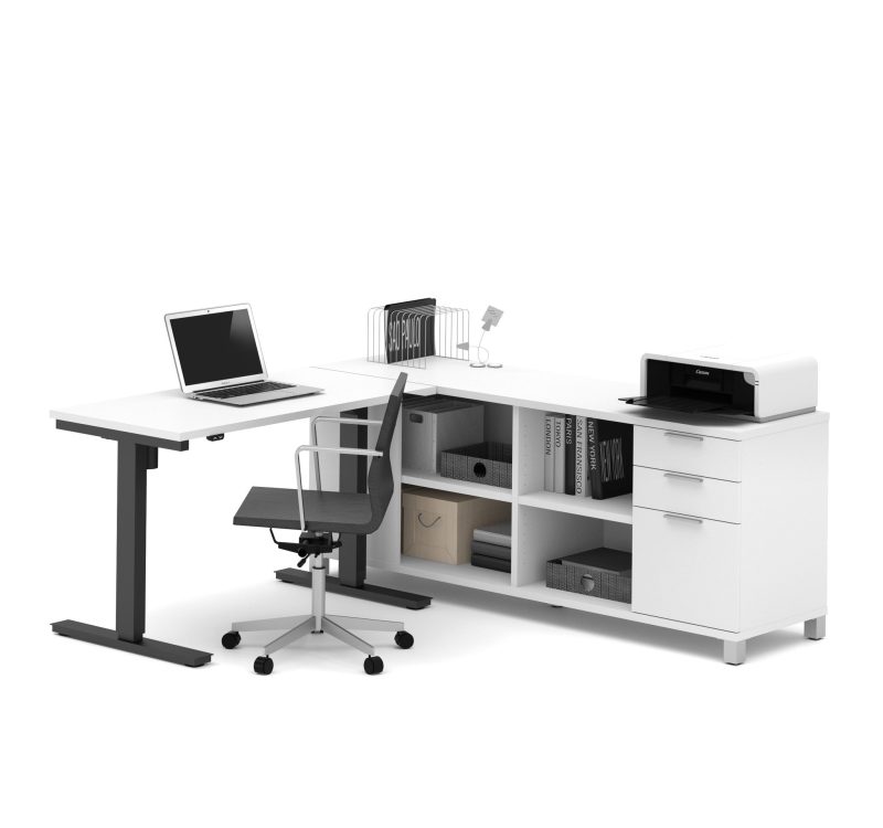 Modern Height Adjustable Sit-Stand Desk with Credenza in White - Image 2