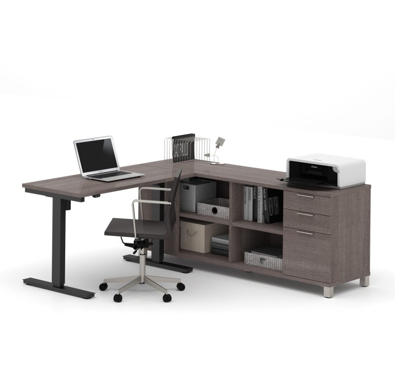 Modern Height Adjustable Sit-Stand Desk with Credenza in Bark Gray - Image 3