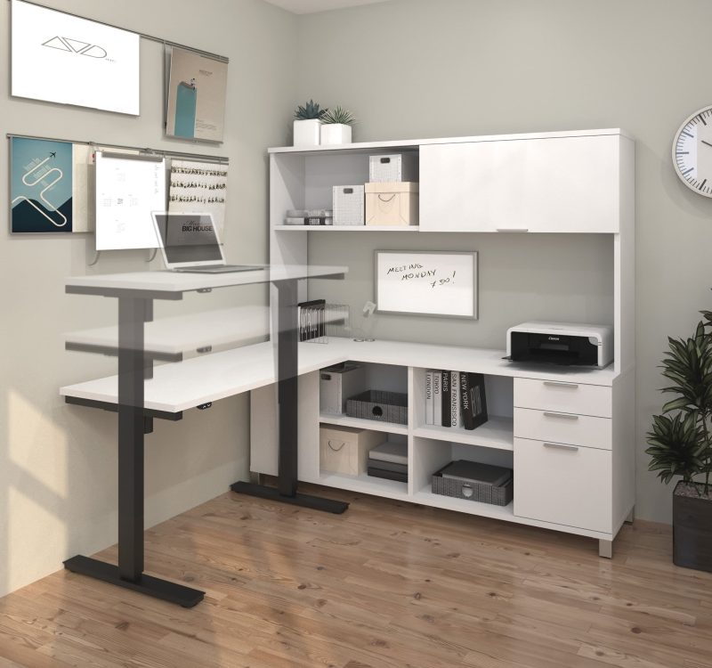 48" White Sit-Stand Desk with 71" Storage Credenza & Hutch