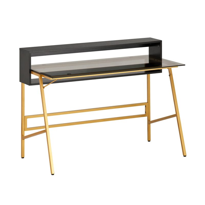 47" Glass and Gold Desk with Raised Shelf - Image 3