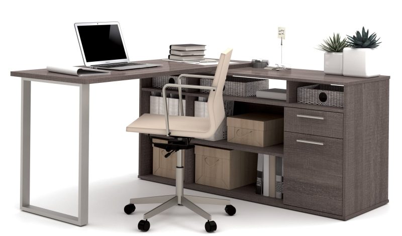 Set of 3: L-Shaped Desk, Lateral File, & Bookcase In Bark Gray Finish - Image 3