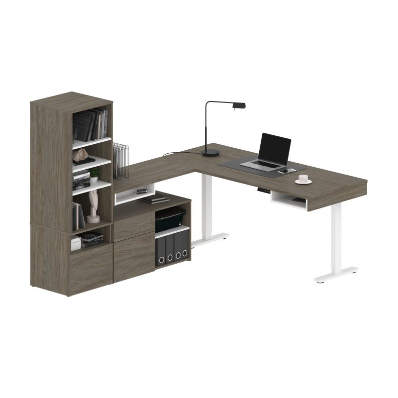 Set of Two 88" L-Shaped Adjustable Desks with Built-in Storage in Walnut Gray - Image 2