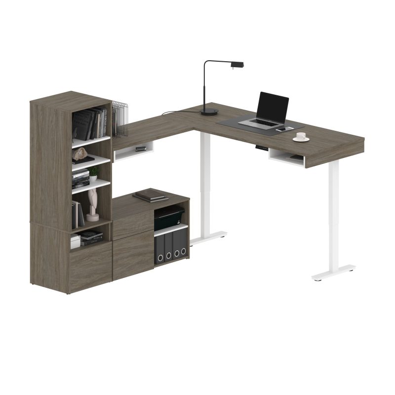 Set of Two 88" L-Shaped Adjustable Desks with Built-in Storage in Walnut Gray - Image 3