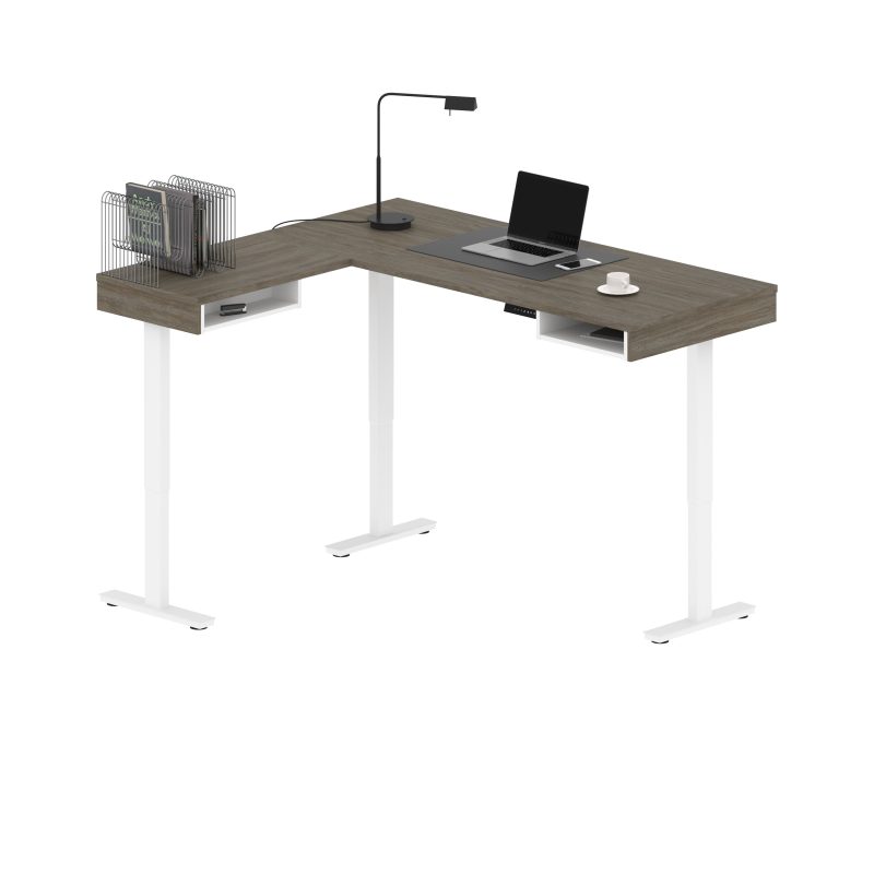 71" Adjustable Walnut Gray and White L-Shaped Standing Desk - Image 3