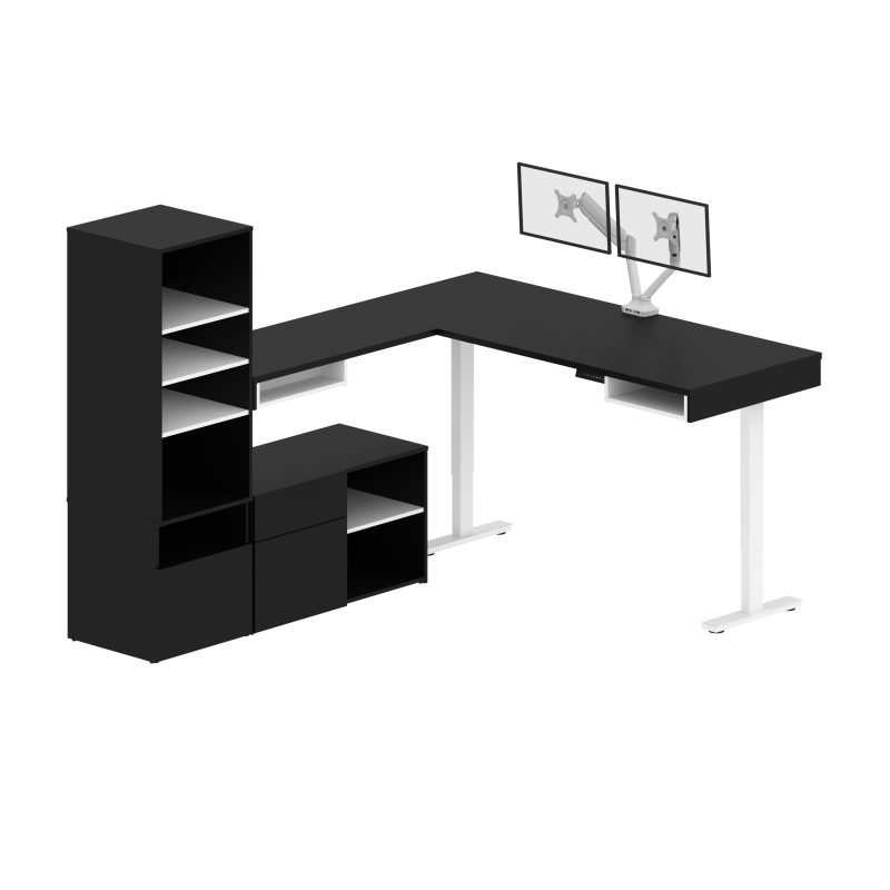 Set of Two 88" L-Shaped Adjustable Black & White Desks with Twin Monitor Arms - Image 4