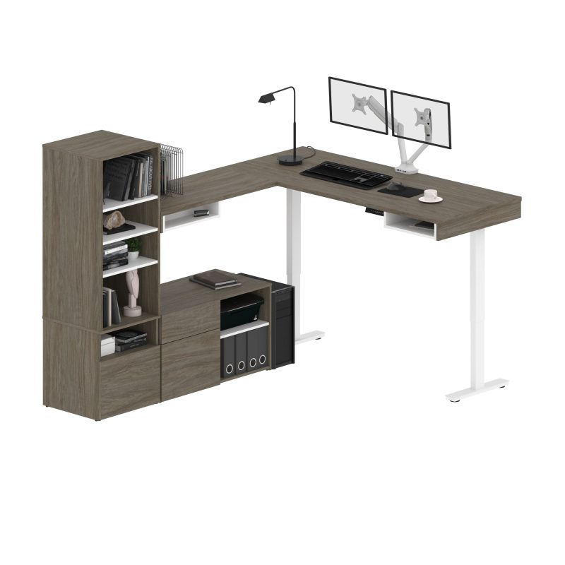 Set of Two 88" L-Shaped Adjustable Walnut Gray Desks with Twin Monitor Arms - Image 3