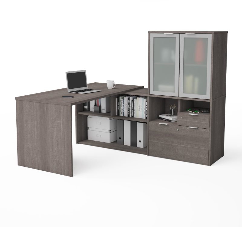 71" Bark Gray L-shaped Desk with Frosted Hutch - Image 2