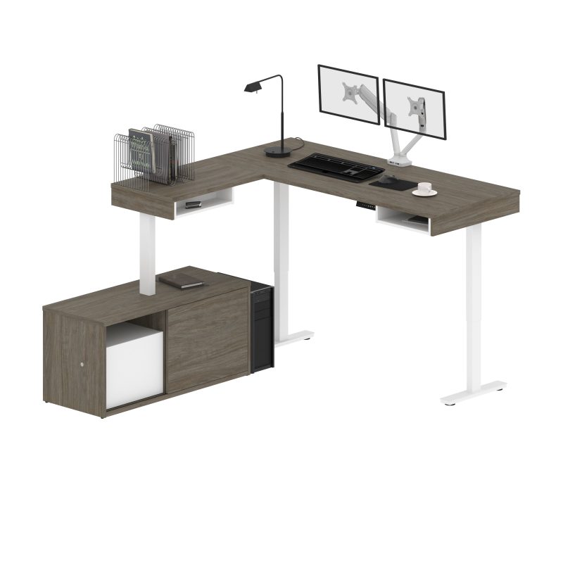 71" Dual Monitor Programmable L-Shaped Desk with Credenza in Walnut Gray and White - Image 4