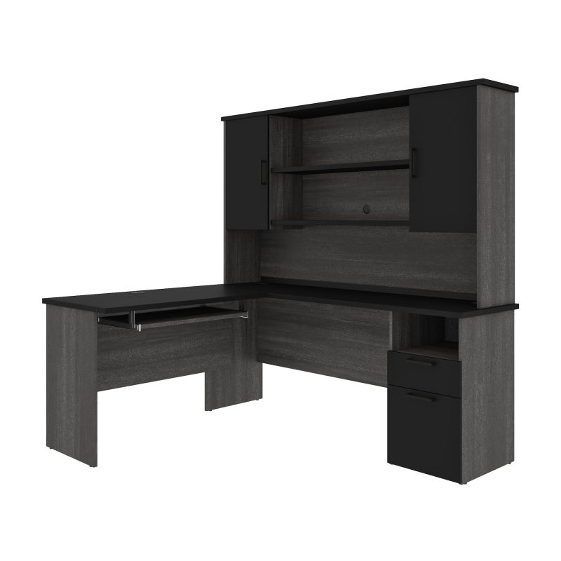 Bark Gray & Black Modern L-shaped Desk with Hutch - Image 3