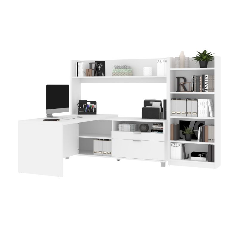 101" Open-Top L-Desk in White with Integrated Bookcase/Hutch - Image 2