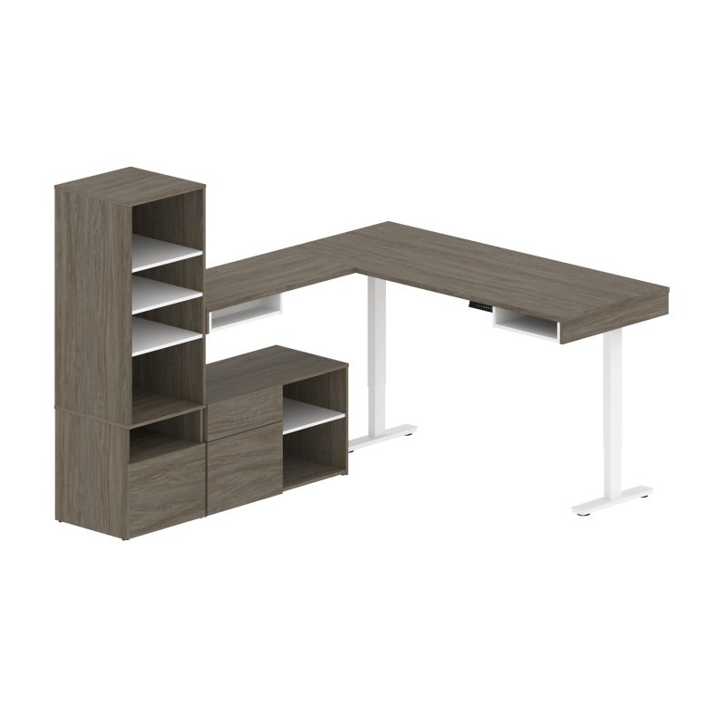 Set of Two 88" L-Shaped Adjustable Desks with Built-in Storage in Walnut Gray - Image 4
