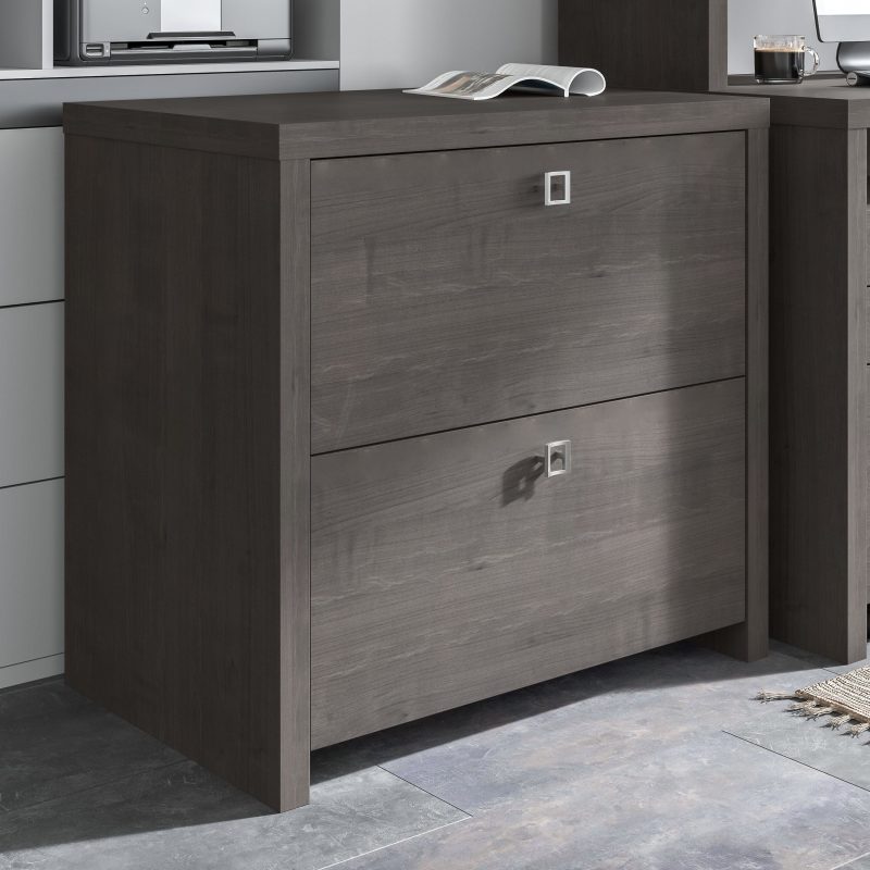 72" Modern L-Shaped Bow-Front Office Desk in Charcoal Maple - Image 6