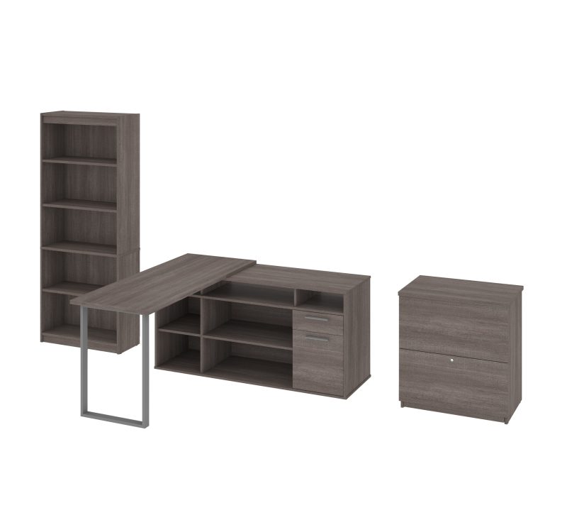 Set of 3: L-Shaped Desk, Lateral File, & Bookcase In Bark Gray Finish - Image 2
