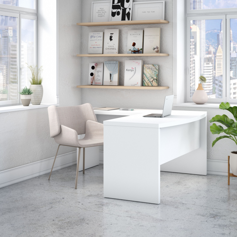 60" L-Shaped Modern Bow-Front Office Desk in Pure White - Image 2