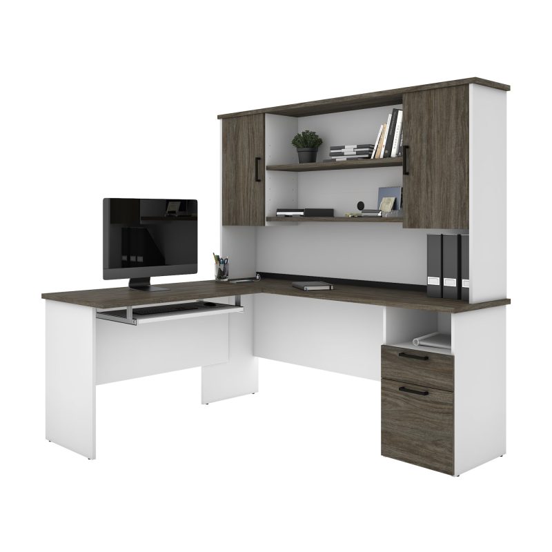 White & Walnut Gray Modern L-shaped Desk with Hutch - Image 2
