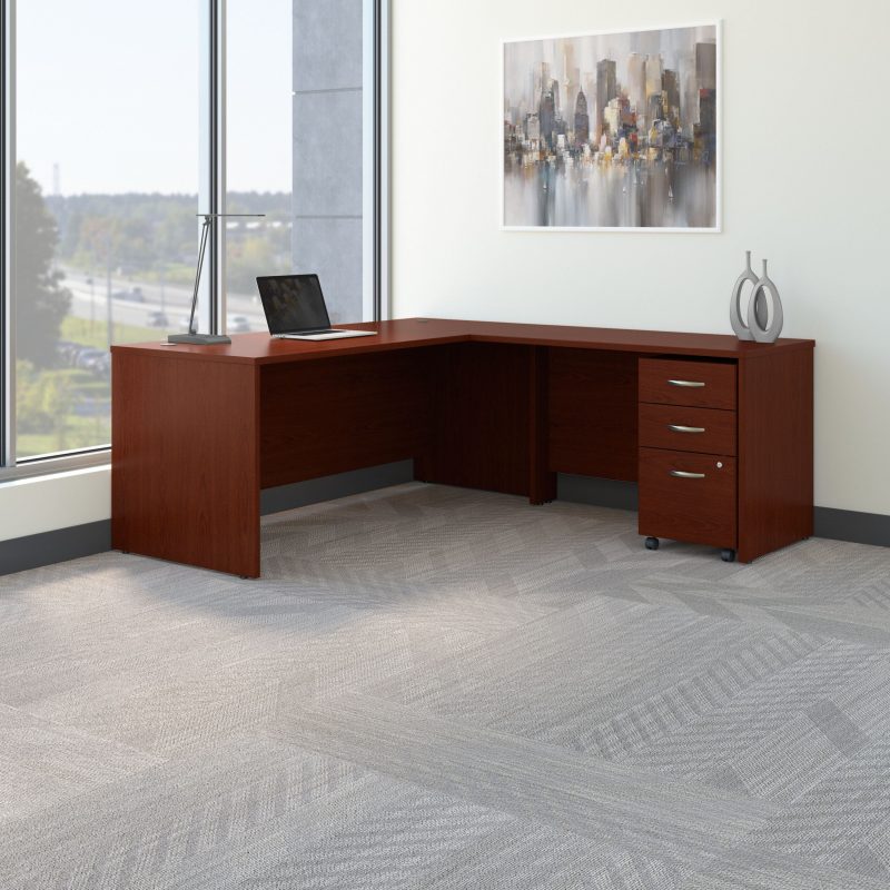 72" L-shaped Desk with 3-Drawer Mobile File Cabinet in Mahogany - Image 2