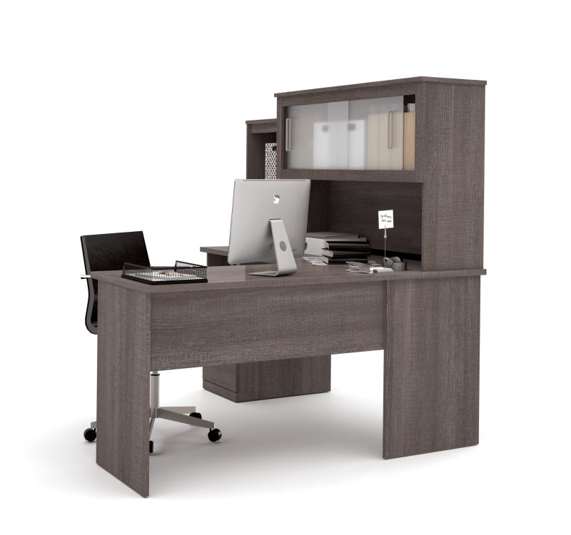 Modern Bark Gray L-shaped Desk and Hutch with Frosted Glass Doors - Image 3