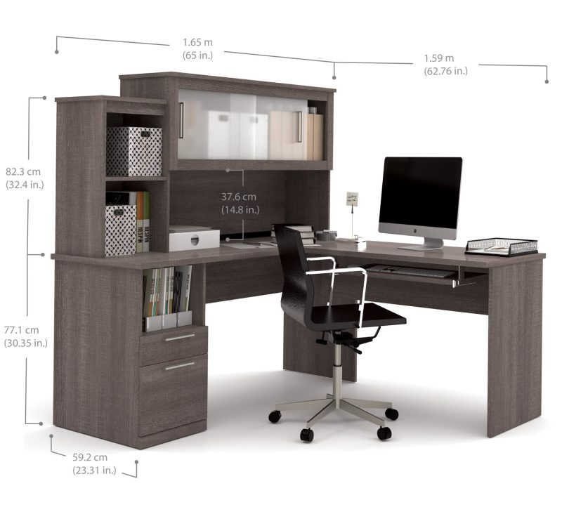 Modern Bark Gray L-shaped Desk and Hutch with Frosted Glass Doors - Image 4