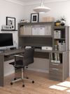Modern Bark Gray L-shaped Desk and Hutch with Frosted Glass Doors