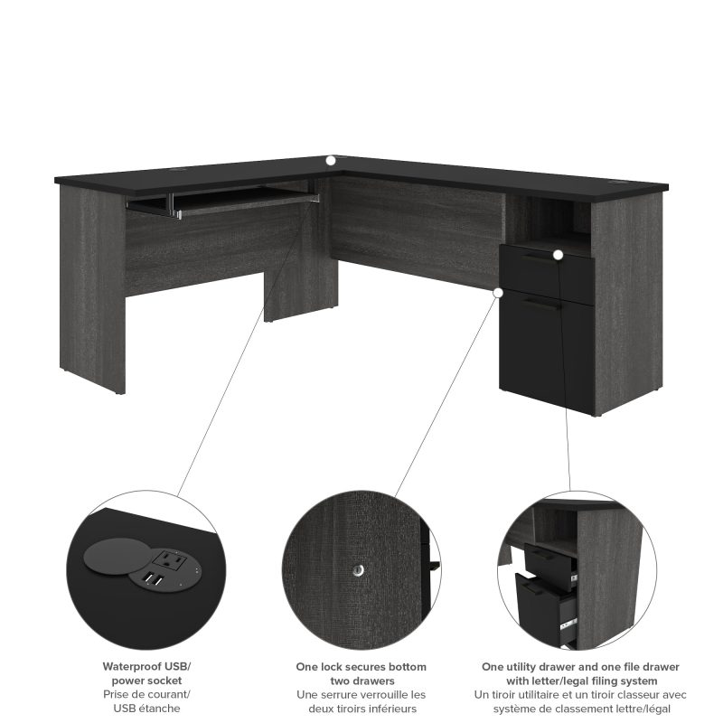 Bark Gray & Black Modern L-shaped Desk with Hutch - Image 6