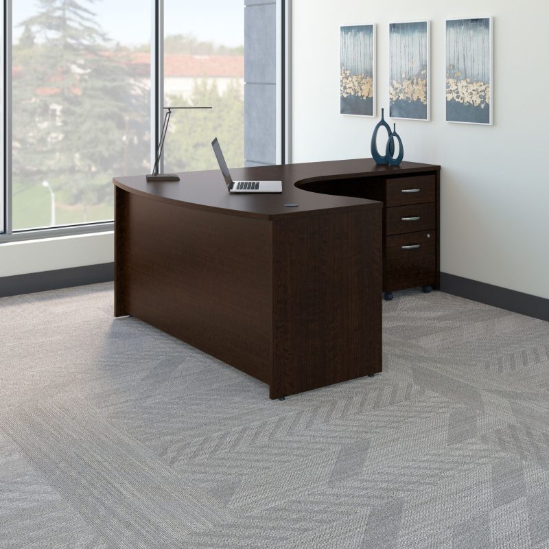 60" Right-Handed L-shaped Desk with 3-Drawer Mobile Pedestal in Mocha Cherry