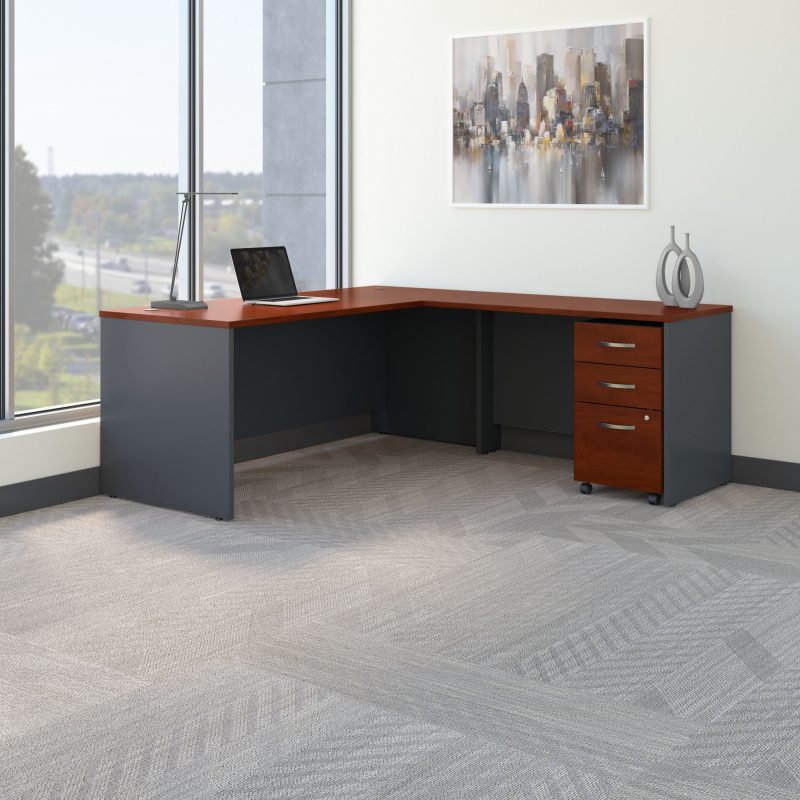 72" Modern L-shaped Desk with 3-Drawer Mobile File Cabinet in Hansen Cherry/Graphite Gray