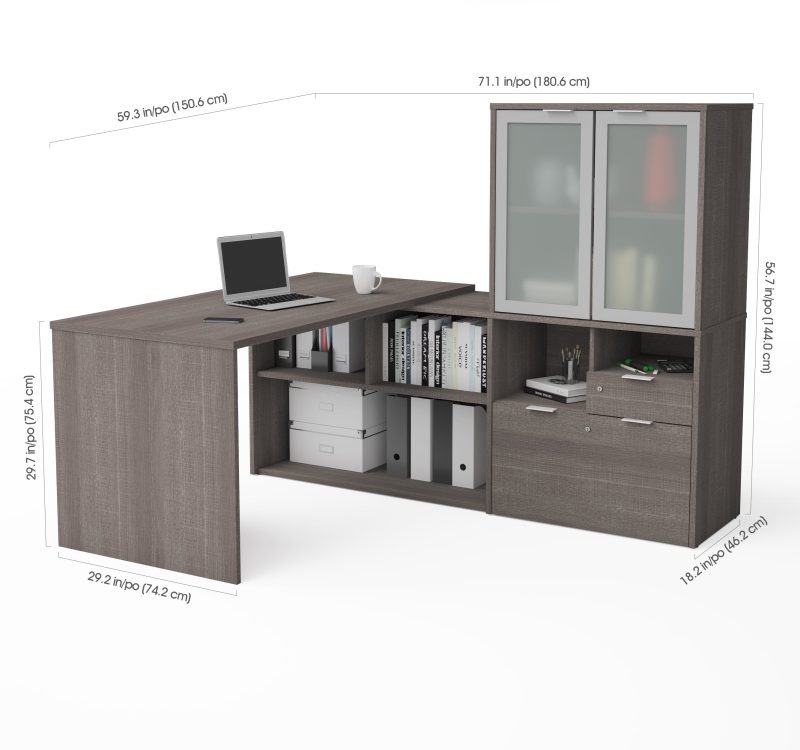 71" Bark Gray L-shaped Desk with Frosted Hutch - Image 3