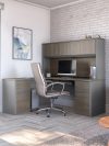 Premium L-shaped Double Pedestal Desk with Hutch in Bark Gray and Slate