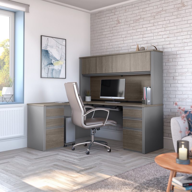 Premium L-shaped Double Pedestal Desk with Hutch in Bark Gray and Slate