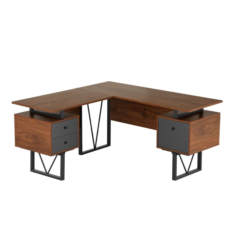 59" L-Shaped Floating Desk with 2 File Cabinets in Walnut - Image 3