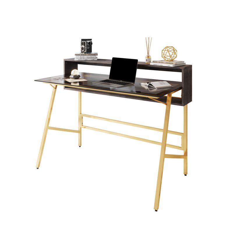 47" Glass and Gold Desk with Raised Shelf - Image 2