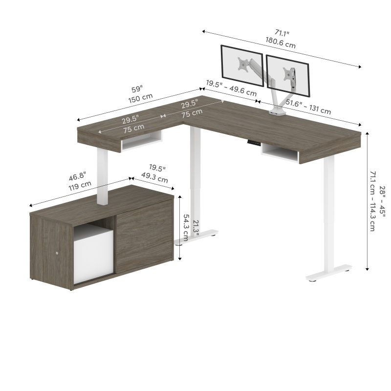 71" Dual Monitor Programmable L-Shaped Desk with Credenza in Walnut Gray and White - Image 3