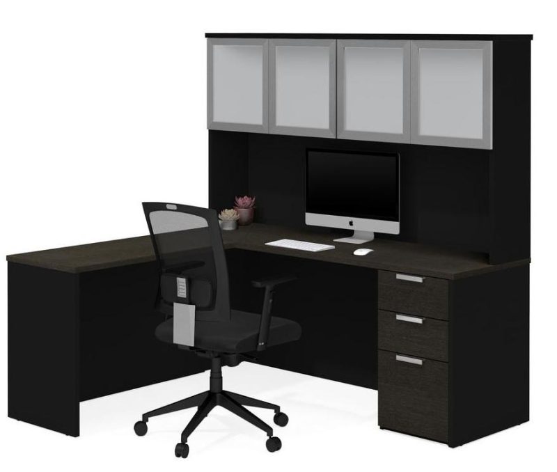 71" x 62" L-Shaped Desk with Hutch in Deep Gray and Black - Image 2