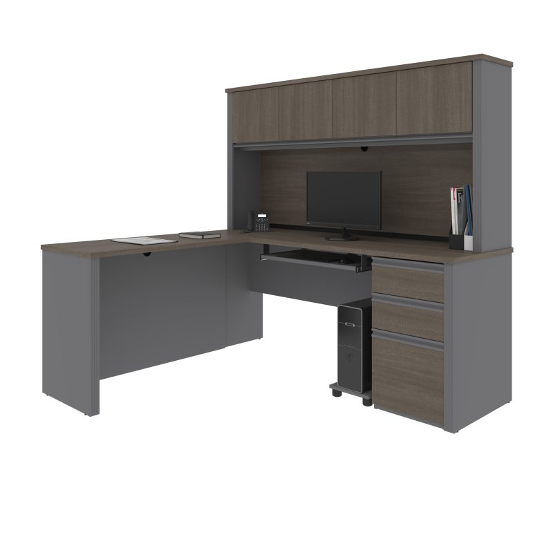 L-shaped Desk with Hutch in Modern Bark Gray and Slate - Image 2