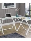 Modern X-frame White Glass & Steel L-shaped Office Desk